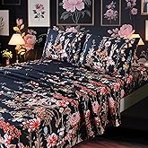 MAG 4Pcs Floral Full Size Sheet Sets,Pink Vintage Bedding Sheet Set,Boho Flower Pattern Bed Sheets Included 1 Fitted Sheet 14'' Deep Pocket + 1 Flat Sheet + 2 Pillowcases,Breathable and Wrinkle.