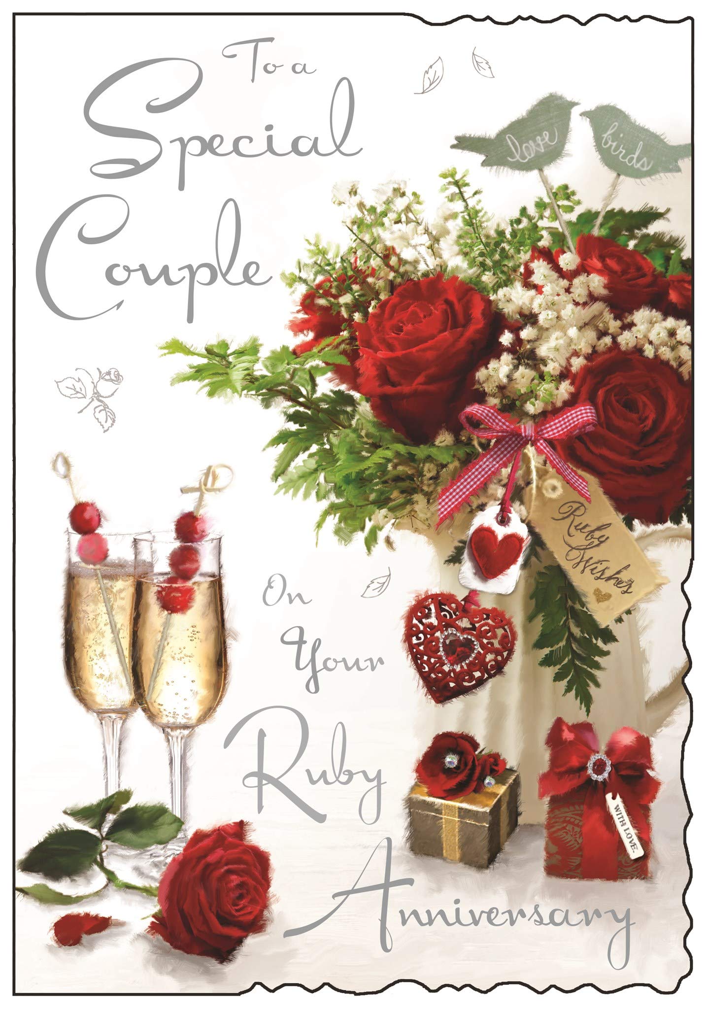 Illustrated Ruby Anniversary Card - (JJ9332) - Special Couple Ruby Anniversary - From The Velvet Range - Embossed With A Silver Foil & Flitter Finish