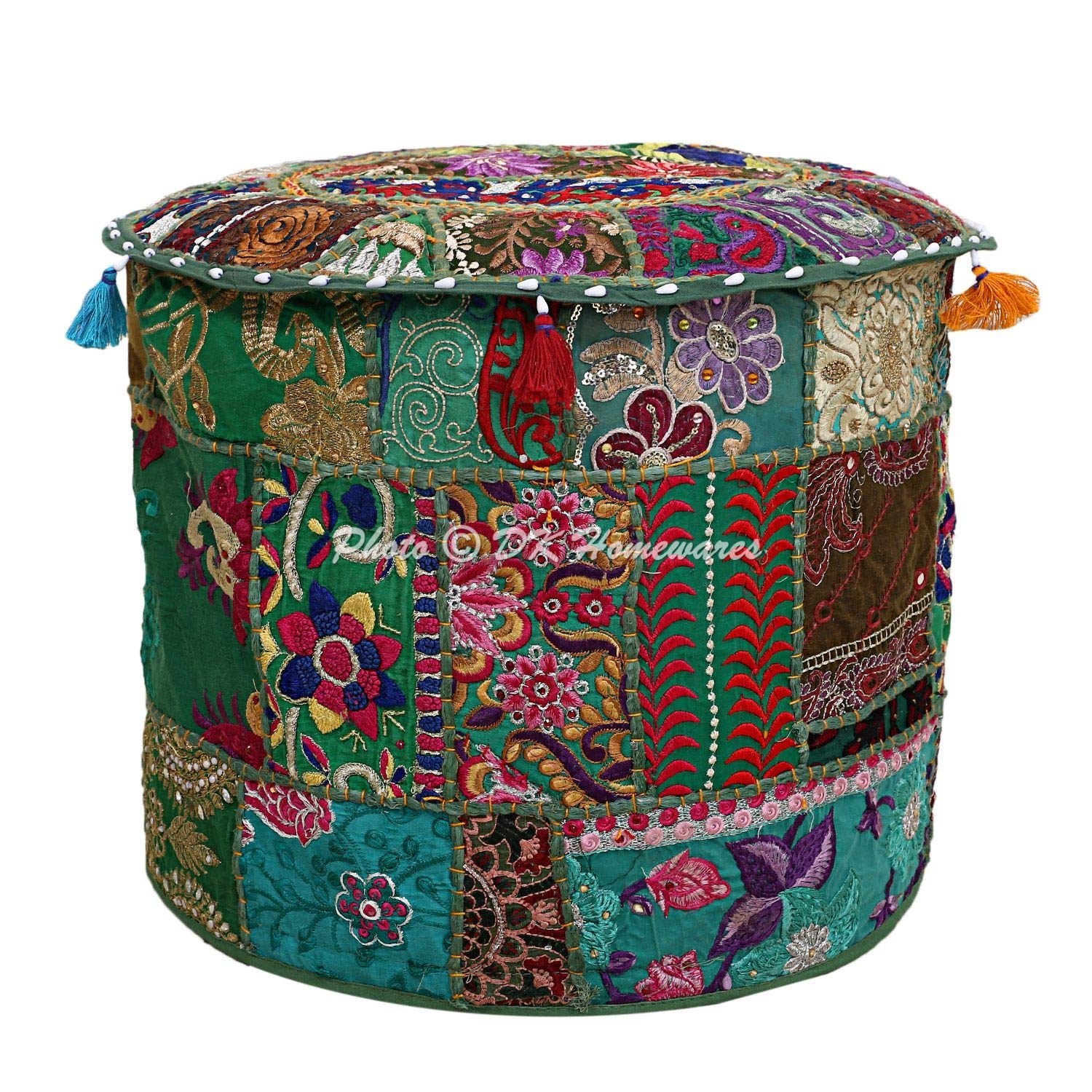 DK Homewares Traditional Ethnic Dark Green Pouffee Footstool Cover Embroidered Ottoman Kids Room Decor Knitted Round Floral Colourful Foot Stool Hassock Pouffe Cover (18X18X13 Inches / 45 Cm)