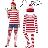 GTHBA Halloween Costume Sets, Adult Red and White Striped Shirt for Women Men with Nerd Glasses Knit Beanies