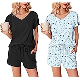 Ekouaer 2 Pack Women's Pajamas Set Soft Ruffle Sleeve Pjs Set Casual V Neck Lounge Set with Pockets