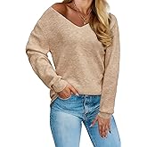 Arach&Cloz Womens 2024 Fall Long Sleeve V Neck Off Shoulder Tops Knit Pullover Sweater Loose Casual Clothes