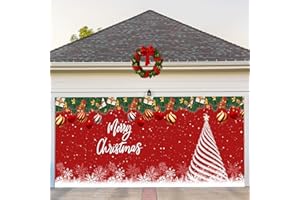 COSEVIER Christmas Garage Door Cover Banner, Red Xms Tree Festival Large Hanging Backdrop, Merry Christmas Garage Wall Decorations for Holiday Party Décor, 7x16 FT