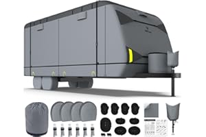 RVMasking Travel Trailer RV Cover 22-24ft, 7 Layers Extra-Thick Camper Cover Waterproof Windproof for Toy Hauler with 4 Tire Covers & Tongue Jack Cover & Propane Tank Cover, Dark Gray