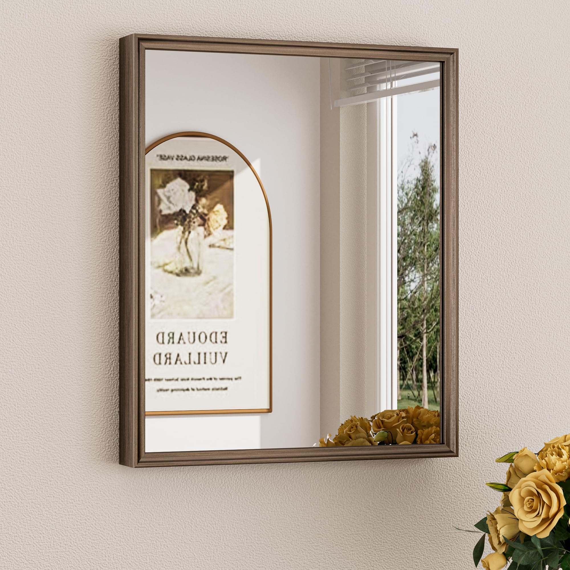 Keonjinn 16 x 20 Inch Small Stainless Steel Framed Mirror, Brushed Bronze Bathroom Vanity Mirror, Anti-Rust, Curved Edge, Shatter-Proof Tempered Glass, Square Rectangle Wall Mirrors for Over Sink Image