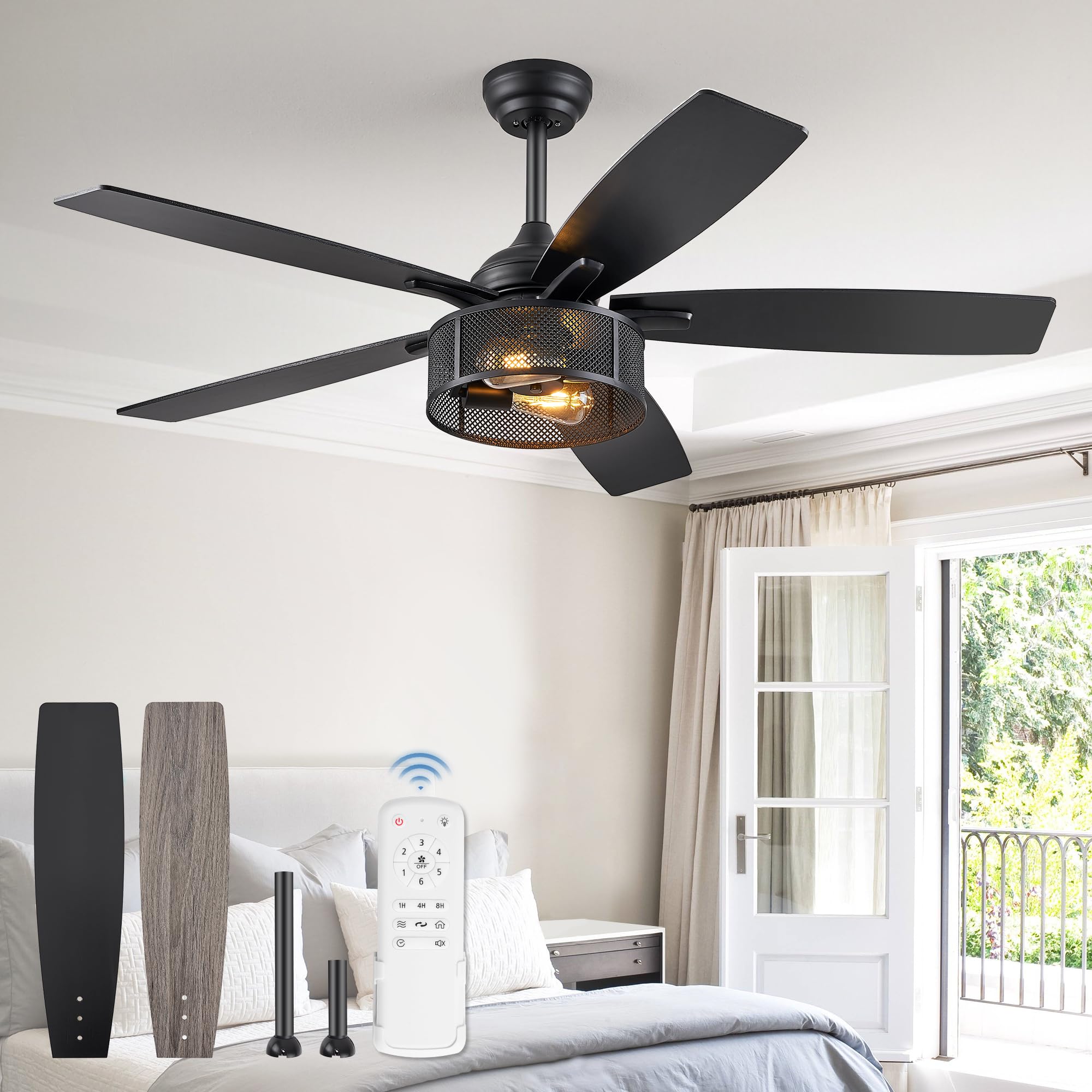 Farmhouse Ceiling Fans with Lights and Remote, 52 Inch Industrial Black ...