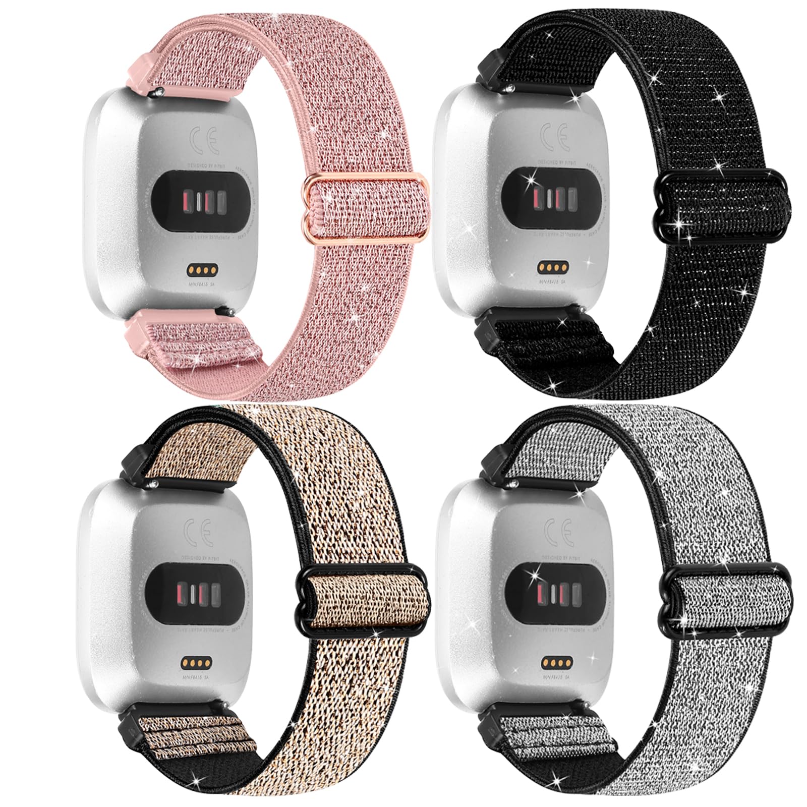 HUYIIO 4 Pack Adjustable Straps Compatible with Fitbit Versa 2 Straps,Soft Breathable Nylon Sport Band Stretchy Replacement Wristband For Women Men for Fitbit Versa 2/Versa/Versa Lite/SE