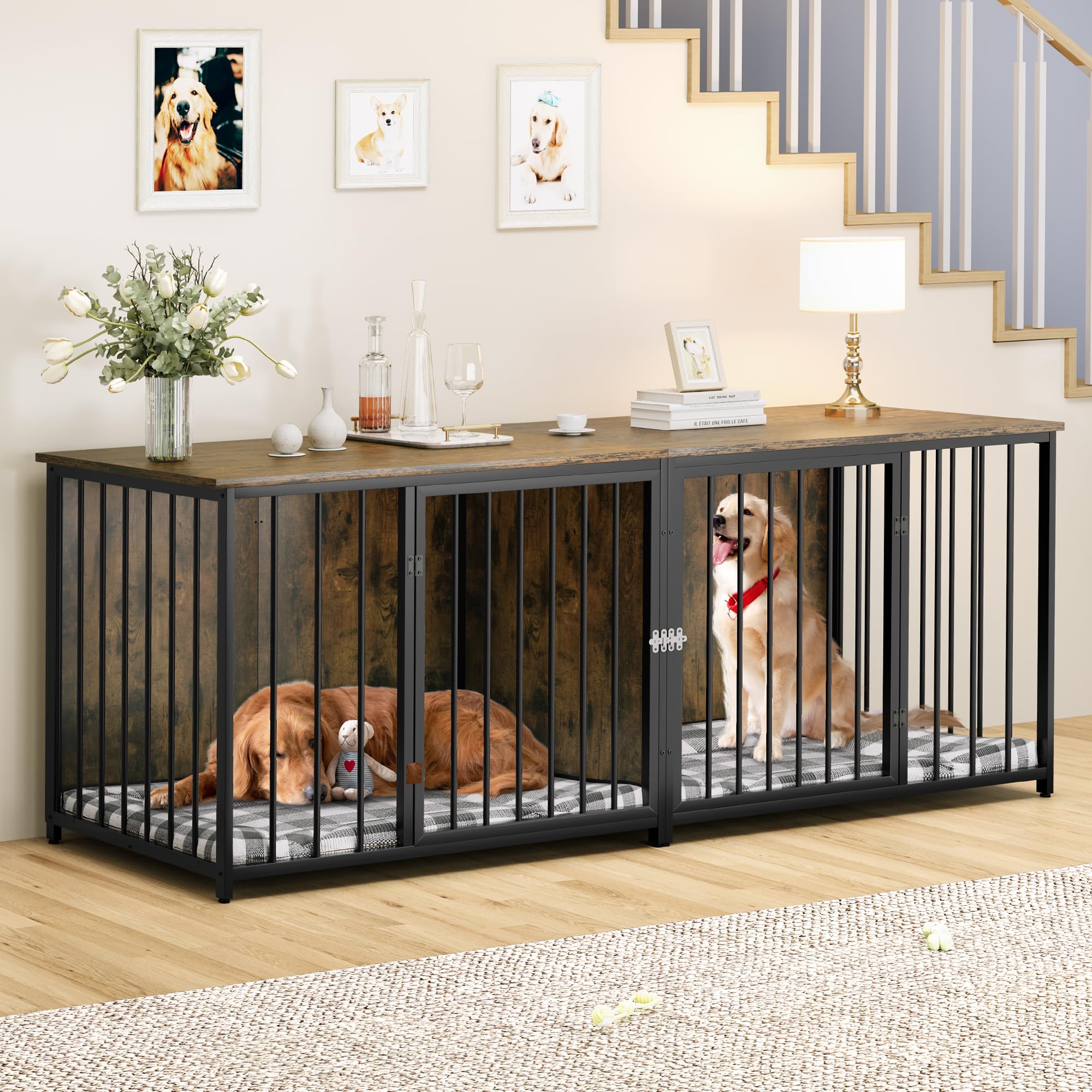 Photo 1 of *PICTURE ONLY USED AS REFERENCE/ KENNEL MAY VARY* Double Dog Crate Furniture, 80.2 inch Large Breed Dog Kennel with Divider, Heavy Duty Dog House TV Stand Indoor for 2 Medium Dogs, Brown