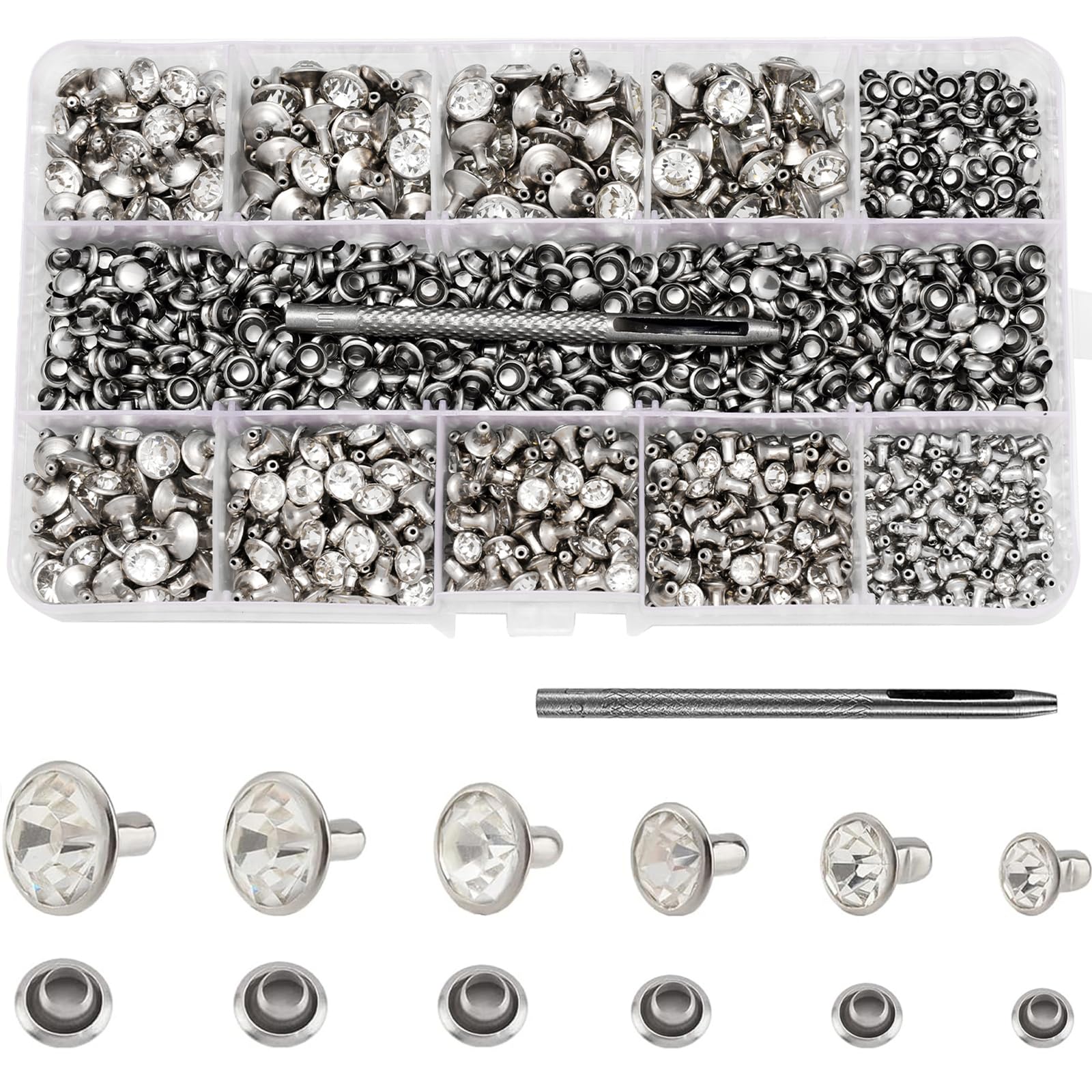 RUBYCA 570 Sets Czech White Clear Crystal Rapid Rivets Silver Color Metal Studs DIY LeatherCraft Kit
