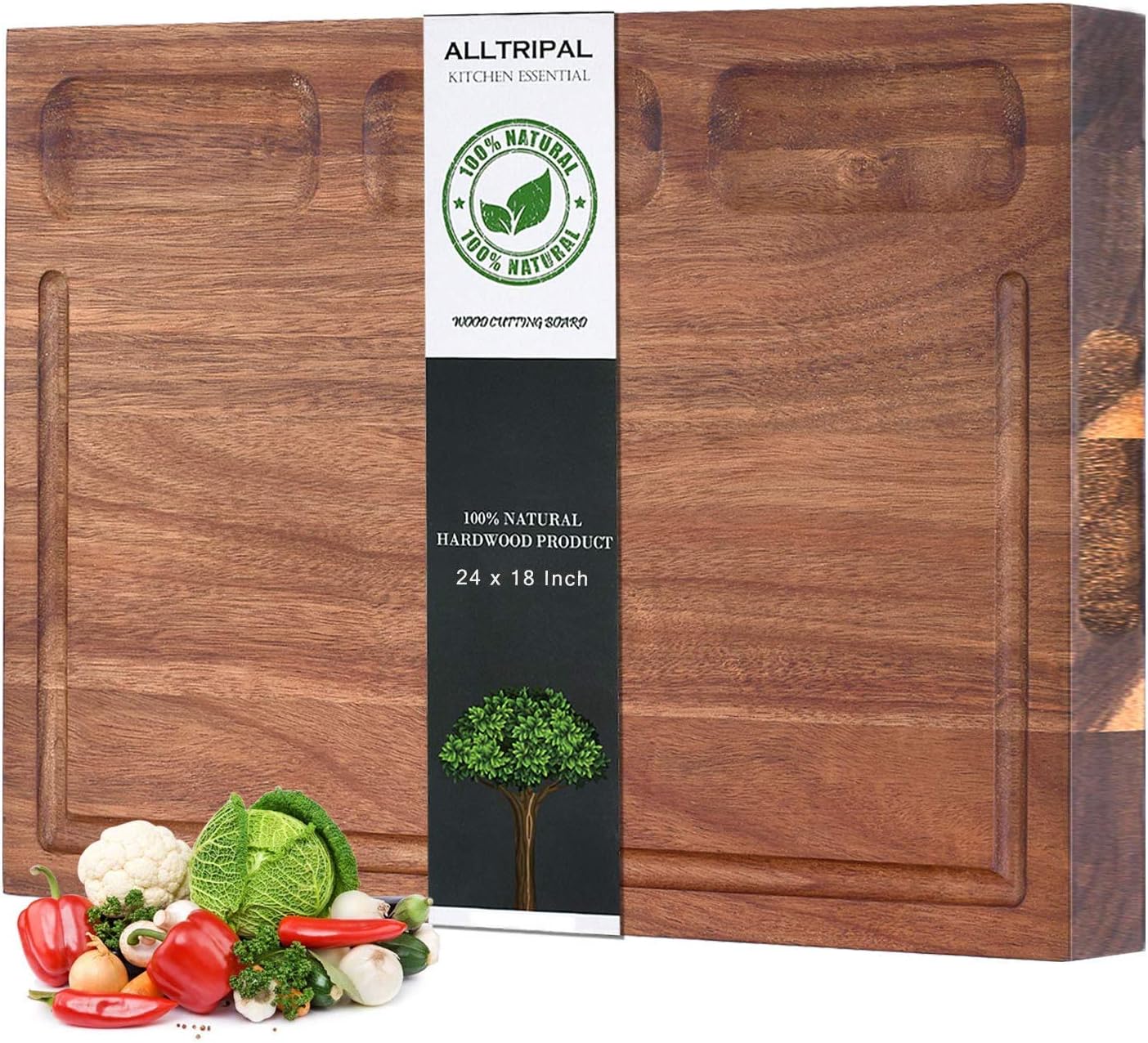 Extra Large Cutting Board, Cutting Board for Kitchen, Acacia Wood Large Reversible Wood Cutting Boards with Juice Groove 3 Compartments and Holder as Cheese Board Versatile Board 24x18x1.4 inch