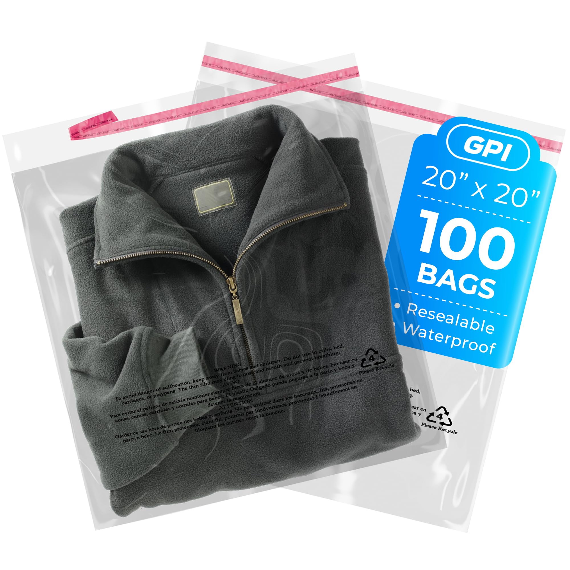 Photo 1 of 100 Count - 20" x 20" Extra-Large Self Seal Poly Bags with Suffocation Warning, 1.5 Mil, Clear Polybags with Resealable Adhesive Strip for Shipping & Packaging Clothing, T Shirts & Sweaters. GPI
