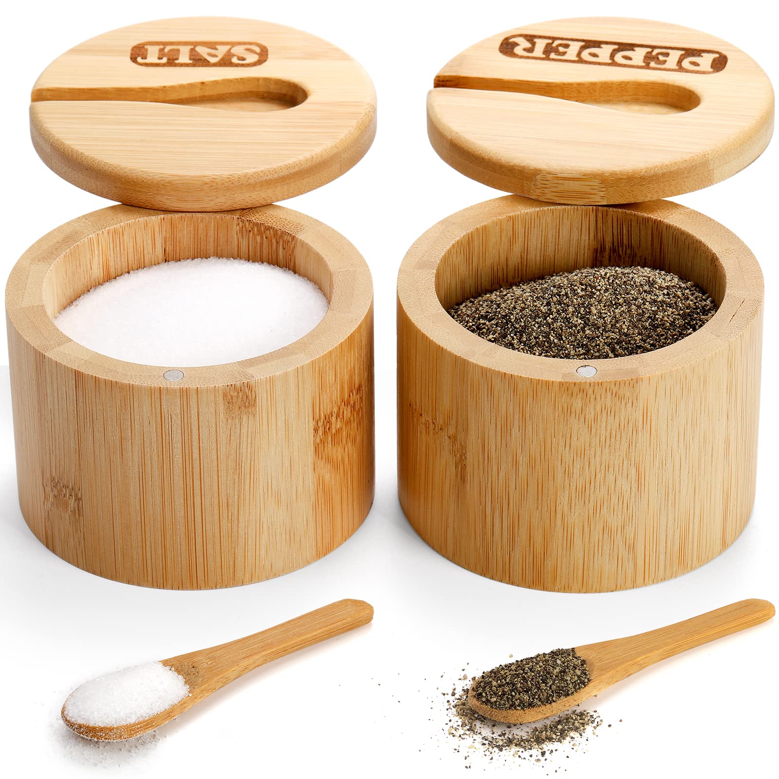 Photo 1 of (missing spoons) Lawei 2 Pack Bamboo Salt and Pepper Bowls, Round Salt Container with Magnetic Swivel Lids and Spoons