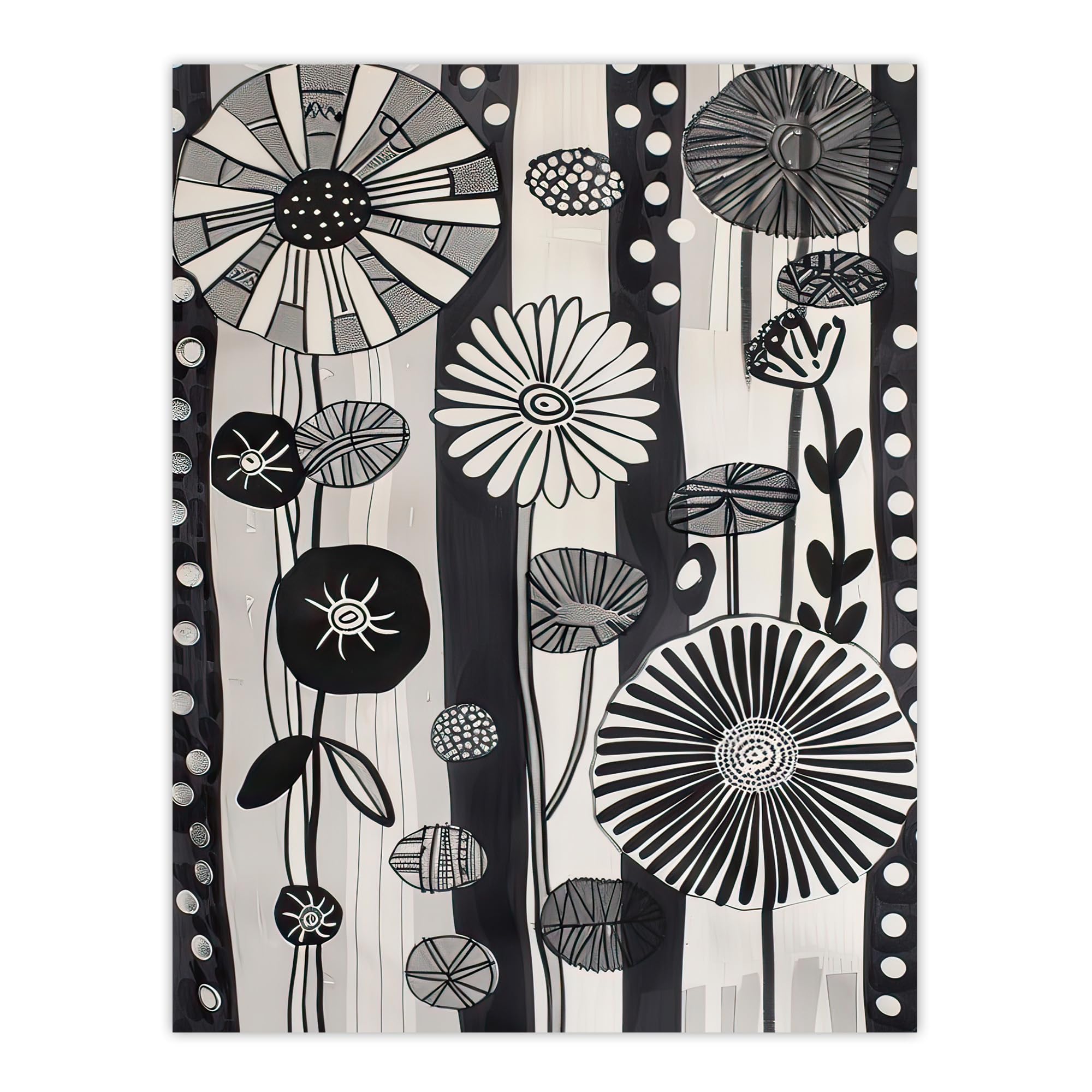 Artery8 Abstract Black White Wildflowers Stripes Artwork Living Room Extra Large XL Wall Art Poster Print