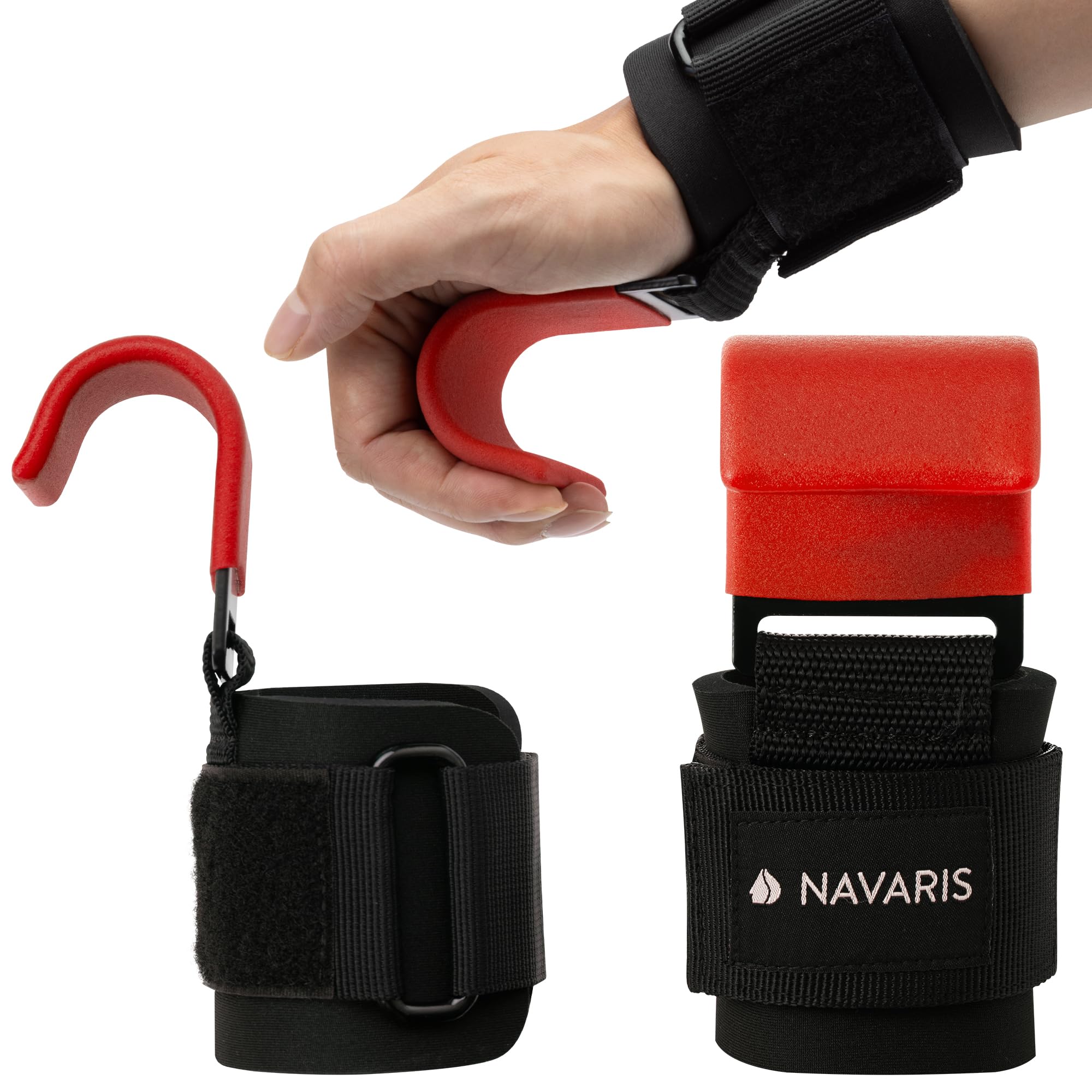 Navaris Weight Lifting Hook Straps - Pair of Weightlifting Wrist Support Straps with Hooks - Neoprene Wrist Grips for Deadlifts, Chin Ups, Training - Red