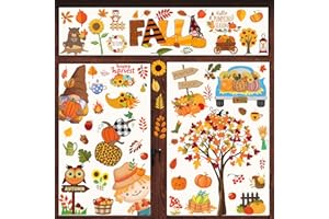 FENKYSOIX Fall Window Clings for Kids Glass Autumn Window Clings Double Sided Truck Pumpkin Maple Leaves Decals Stickers for Autumn Thanksgiving Harvest Fall November Decorations for Office