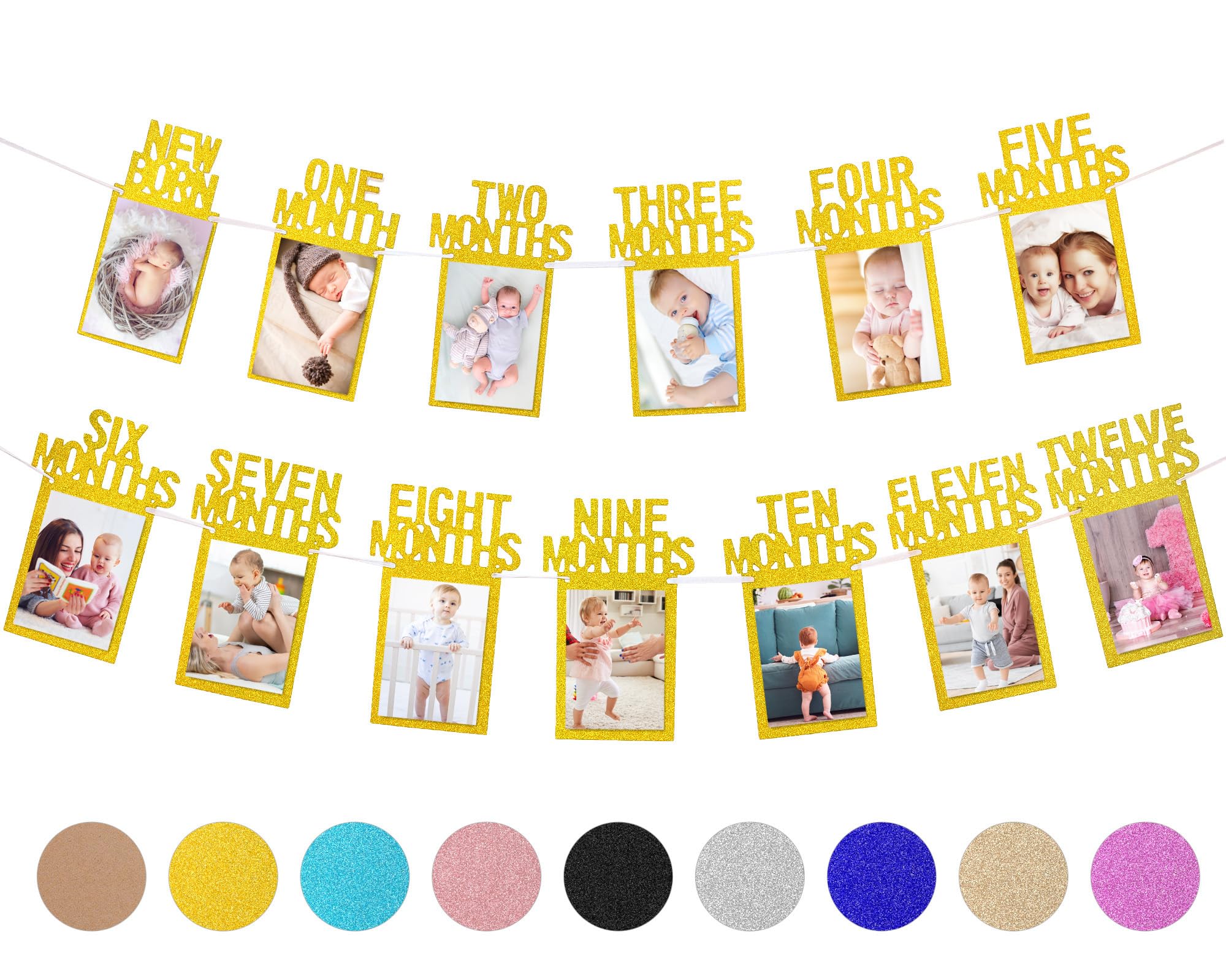 Whaline 1st Birthday Baby Photo Banner for Newborn to 12 months, Monthly Milestone Photograph Bunting Garland, First Birthday Celebration Decoration (Gold)