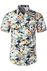 JOGAL Men's Flower Cotton Button Down Short Sleeve Hawaiian Shirt