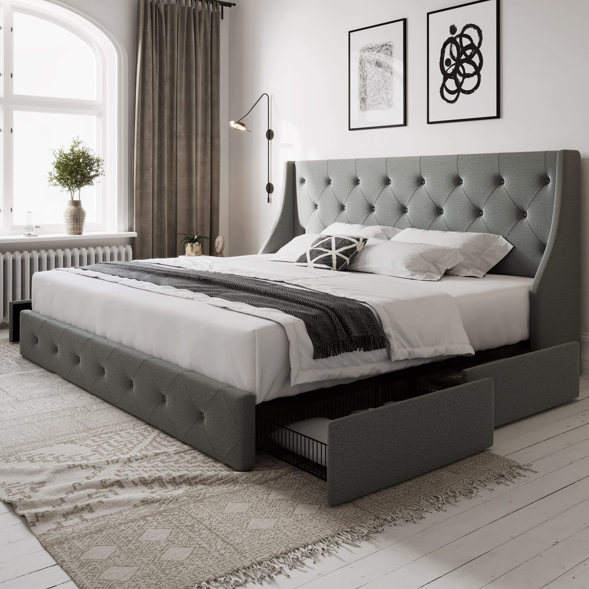 Allewie Full Size Bed Frame with 4 Storage Drawers and Wingback Headboard, Button Tufted Design, No Box Spring Needed, Light Grey Image