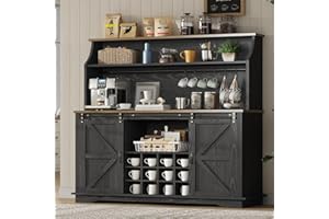 REVOMINCA 55 Inch Farmhouse Coffee Bar Cabinet with 3-Tier Enclosed Storage Cabinet, Kitchen Hutch with 12 Wine Racks & 3 Glass Holders, Coffee Bar with 6 Hooks, Wood Furniture for Dining Living Room, Black