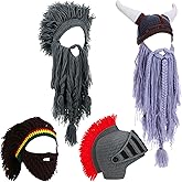 Geyoga 4 Pcs Creative Beard Hats Viking Beanie Wig Knit Beard Horn Winter Warm Funny Mask Beanie for Women Men Halloween