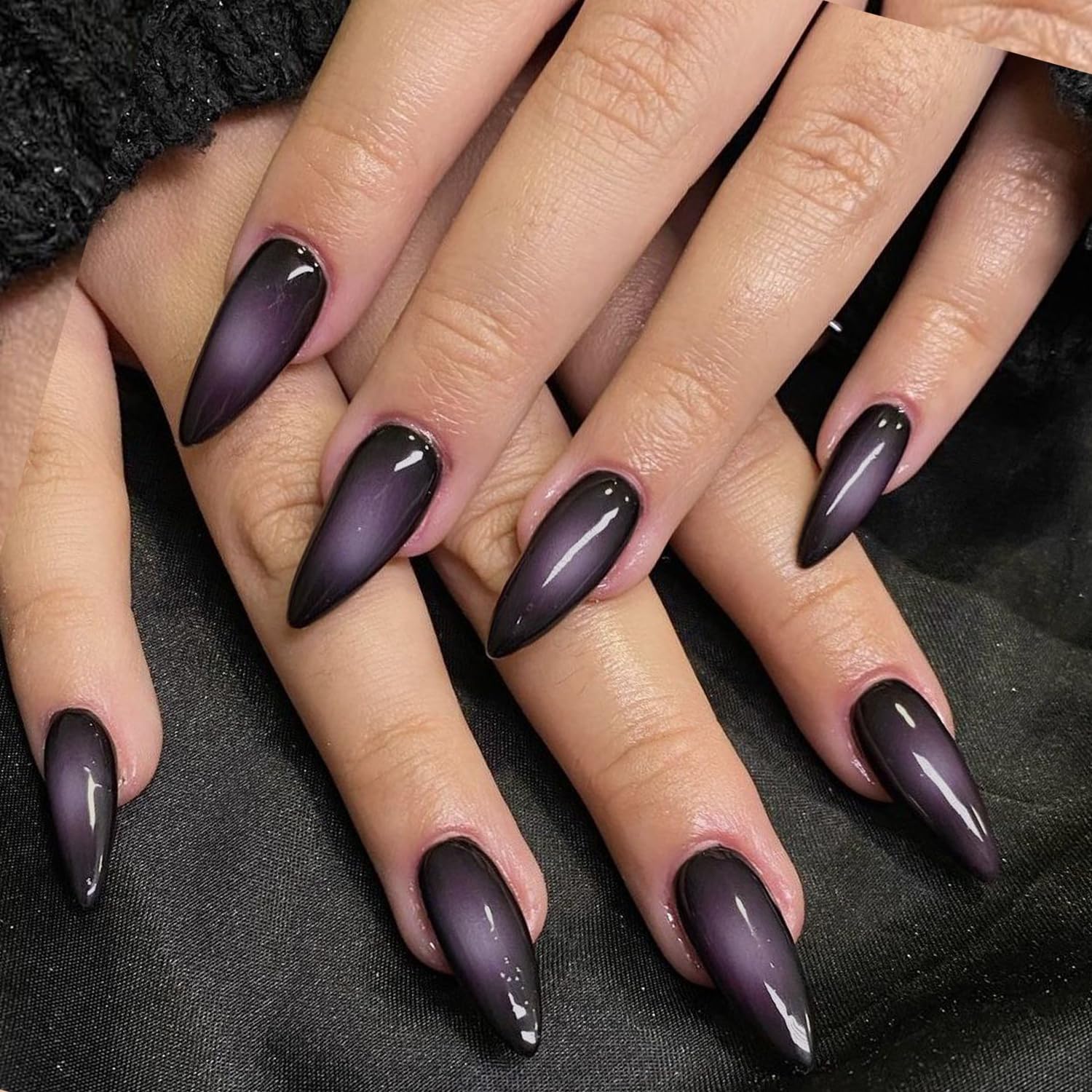 GLAMERMAID Black Pink Ombre Press on Nails Medium Almond, Purple Aurora Fake Crush Nails, Stiletto Fake Nails, Short Oval Stick Glue on Nails Tips for Women, Reusable Acrylic False Nail Kits - Image 2