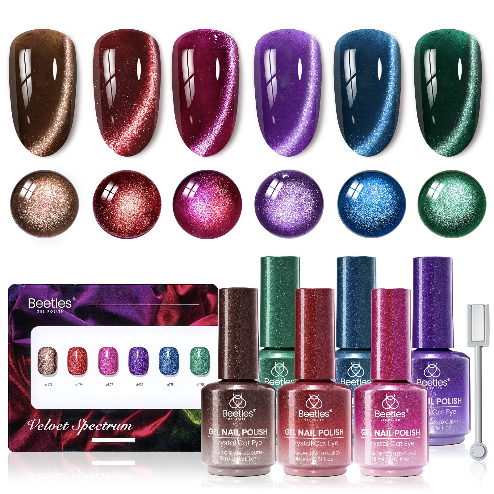 Beetles Cat Eye Gel Nail Polish Set - 6 Colors 15ML Glitter Gel Polish Kit Red Pink Brown Burgundy Purple Blue Green Magnetic Stunning Effect Soak Off UV Nail Art DIY Home Manicure Gift for Women Image