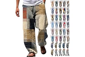 HJINGSUN Linen Pants Men Tall Summer Printed Cotton Linen Pants Drawstring Elastic Waist Straight Leg Beach Yoga Baggy Pants