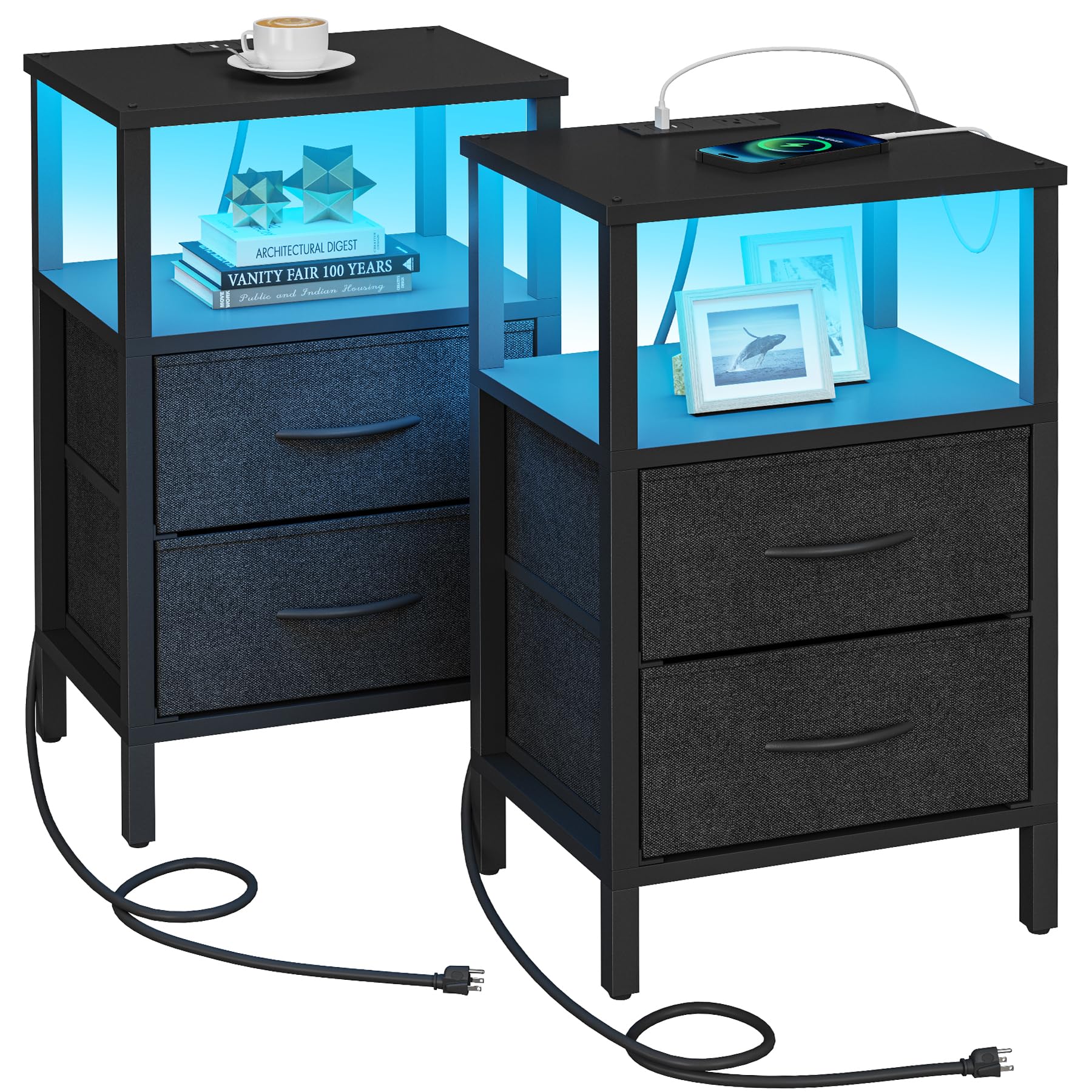 Photo 1 of **MISSING PARTS**TUTOTAK LED End Table with Charging Station, Nightstand with Cloth Drawer, Side Table with Outletst, Set of 2, Couch Table, Black TB01BK068