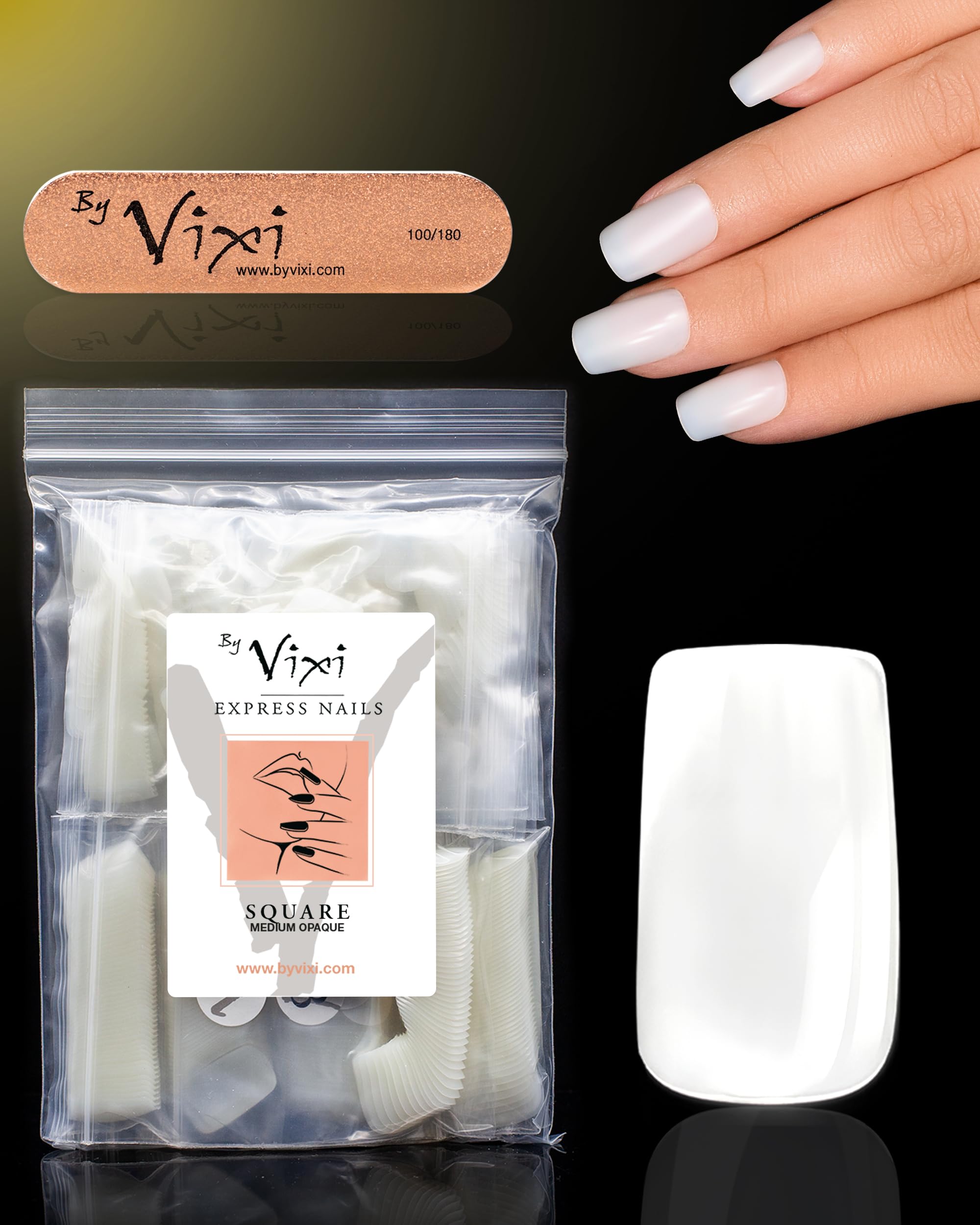 600 Medium Square Press On Nails Set with By Vixi Prep File – Natural Full Cover False Nails, Stick On Fake Nail Tips 10 Sizes, Acrylic Nail Extensions for Gel Polish & Nail Art