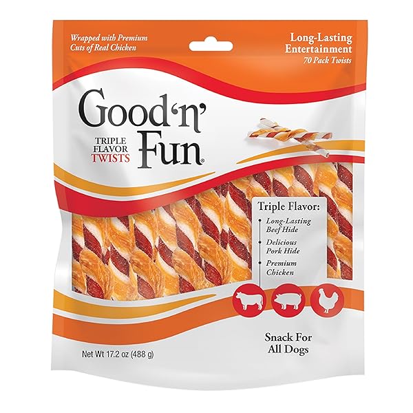 GOOD’N’FUN TRIPLE FLAVOR TWISTS, DOG CHEW STICKS, PREMIUM CHICKEN AND BEEF HIDE TREATS FOR DOGS, 70 COUNT
