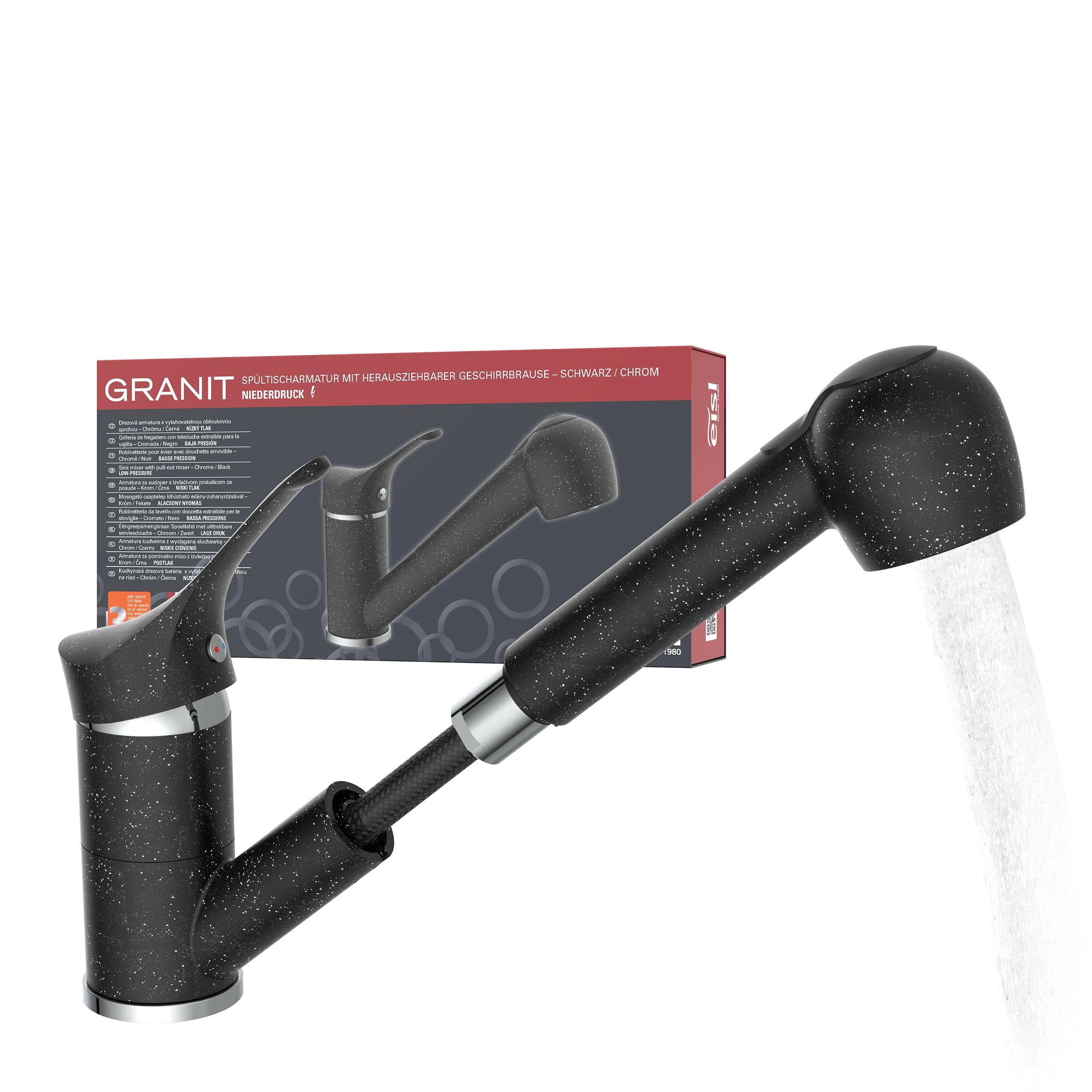 EISL Sink Mixer Low Pressure Granit with Dish Shower, 90° Swivel Kitchen Mixer Black Ideal for Double Sink, Kitchen tap, Single Lever Mixer Low Pressure NI183SMCR-LP