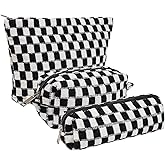 KOTORA 3 Pieces Makeup Bag Large Small Checkered Cosmetic Bag Capacity Canvas Travel Toiletry Bag Organizer Cute Makeup Brushes Aesthetic Accessories Storage Bag for Women (Black)