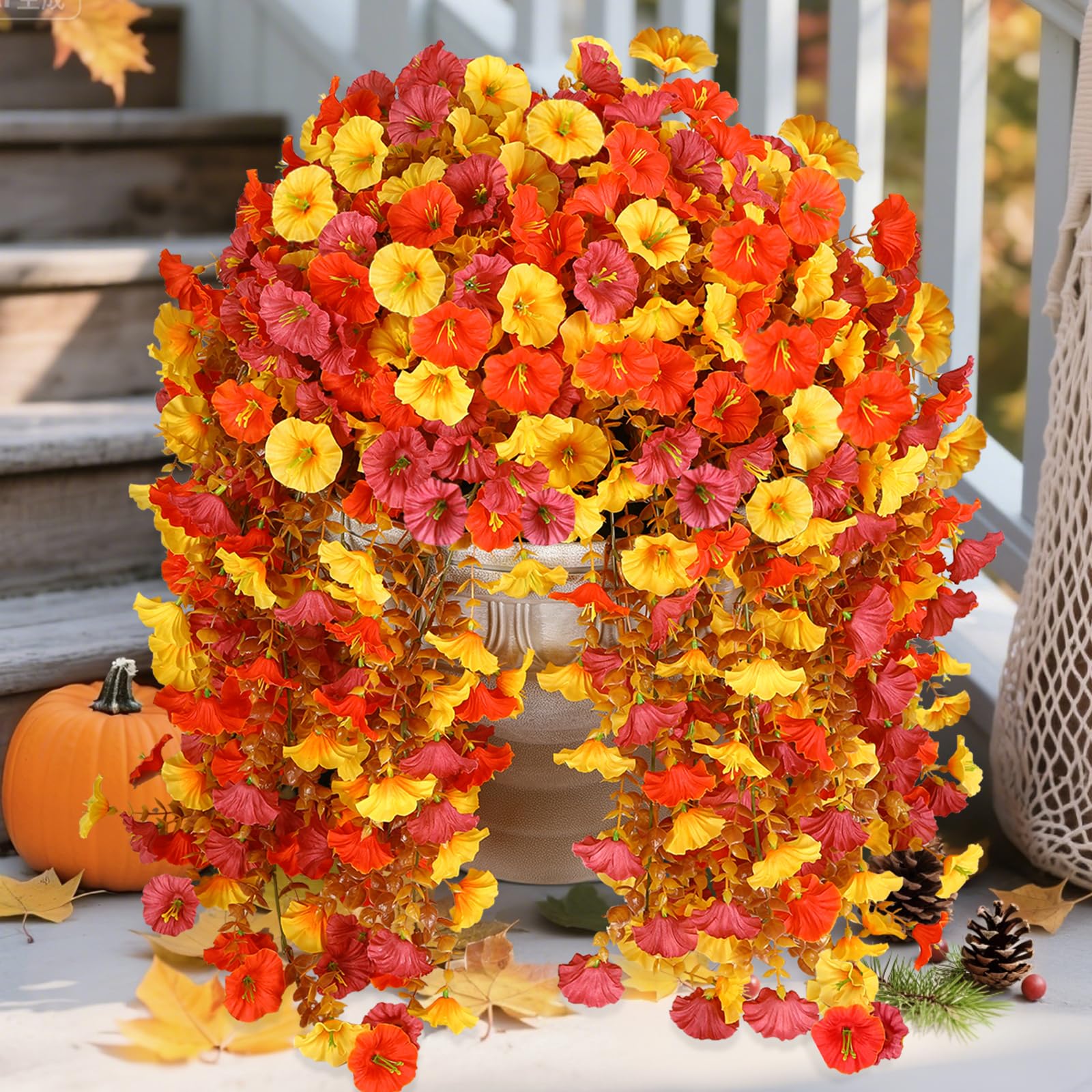 Photo 1 of Alupssuc 4PCS Artificial Fall Mums Flowers for Outdoors Decoration,UV Resistant Fake Hanging Plants Faux Silk Morning Glory for Autumn Decor Home Outside Gardens Porch Yard Wall,Orange Yellow Brown