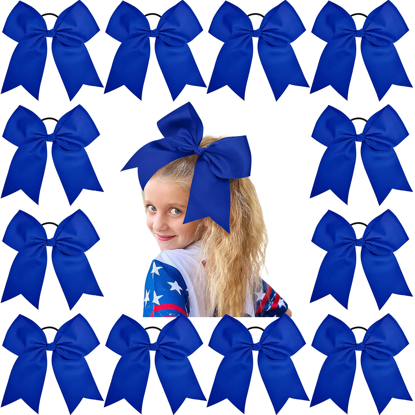 Photo 1 of 12PCS 8" Large Cheer Bow Blue Ponytail Holder Elastic Band Hair Ties Hair Bow Accessories for Cheerleading Teen Girls High School College Softball Competition Sports