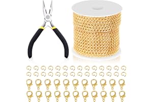 Swpeet 102Pcs Gold 3mm by 10 Yard Length Jewelry Making Chains Kit with Jump Rings, Lobster Clasps and Jewelry Plier, Necklace Chains Flat Cable Link Chain Bulk Ideal for DIY Craft Jewel Making