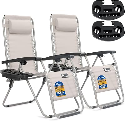 SUNMER Sun Lounger Set of 2 Zero Gravity Chairs with Cup Phone Holder Grey