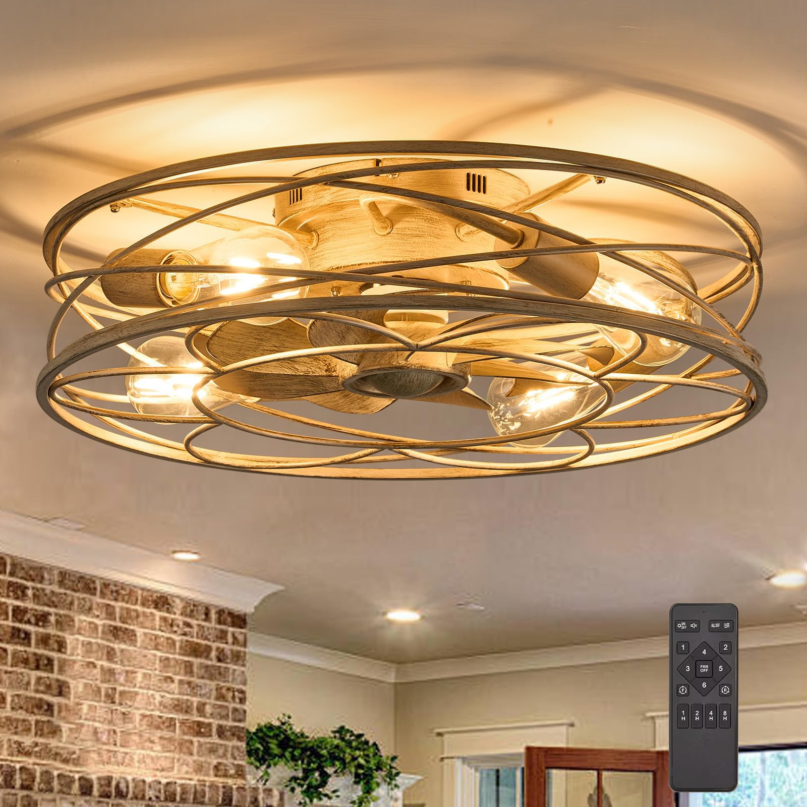 Photo 1 of 20 Inch Low Profile Caged Ceiling Fan with Light and Remote, Flush Mount, Noiseless DC Motor, Reversible, 6 Speed with Timer, Rustic Bladeless Cage Design for Bedroom Kitchen Dining Room