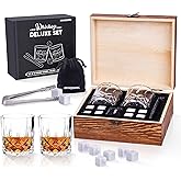 The Brisk Barrel Whiskey Glass Gift Set with Whiskey Stones, Two Pcs of Glasses, Tongs, Including Microfiber Pouch Inside a Wooden Box Perfect for Liquor Bourbon for Husband, Men