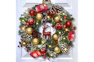 YASTOUAY Christmas Wreaths for Front Door, 16'' Christmas Wreath with Lights Sparkly Red Reindeer Berries Cones Pine Needles, Christmas Door Wreath for Home Door Wall Party Christmas Decorations