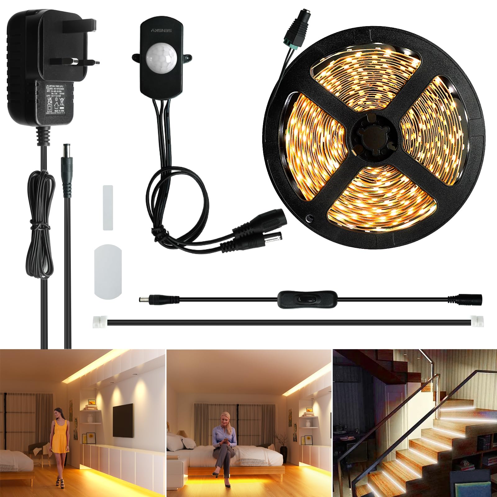 Sensky Dimmable Motion Sensor LED Under Cabinet Lighting Kit Extendable Under Counter LED Light with Motion Sensor, for Stair,Shelf,Kitchen Home Bed Lights(8.2FT,2800-3200K)