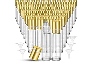 SEEWEY 96 Pcs Essential Oil Roller Bottles 10ml Empty Glass Roller Bottles with Stainless Steel Balls Protection Leakproof with 5 Funnel for Travel Perfume Lip Gloss(Clear, Gold Lid)