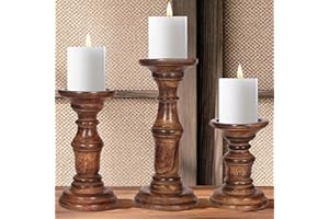 HOMEBIA DESIGNS Candle Holder Stand Wooden, Pillar Candle Holders, Unity Candle Holders, Rounded Turned Colums, Country Style Ideal for Gift, Wedding, Christmas, Party, Home, Spa - 10,8,6 Inch- Set of 3 - Burnt