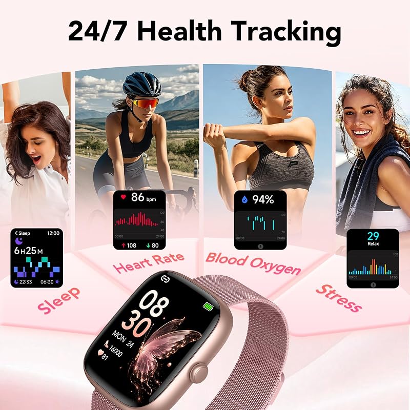 Smartwatch Damen mit 2 Armbänder, 1.83" HD Smart Watch mit Bluetooth-Anruf, IP68 Fitnessuhr Damen mit SpO2, Pulsmesser, Schlafmonitor, Stressüberwachung, Schrittzähler, 120+ Sportmodi — Foto 3 von 8
