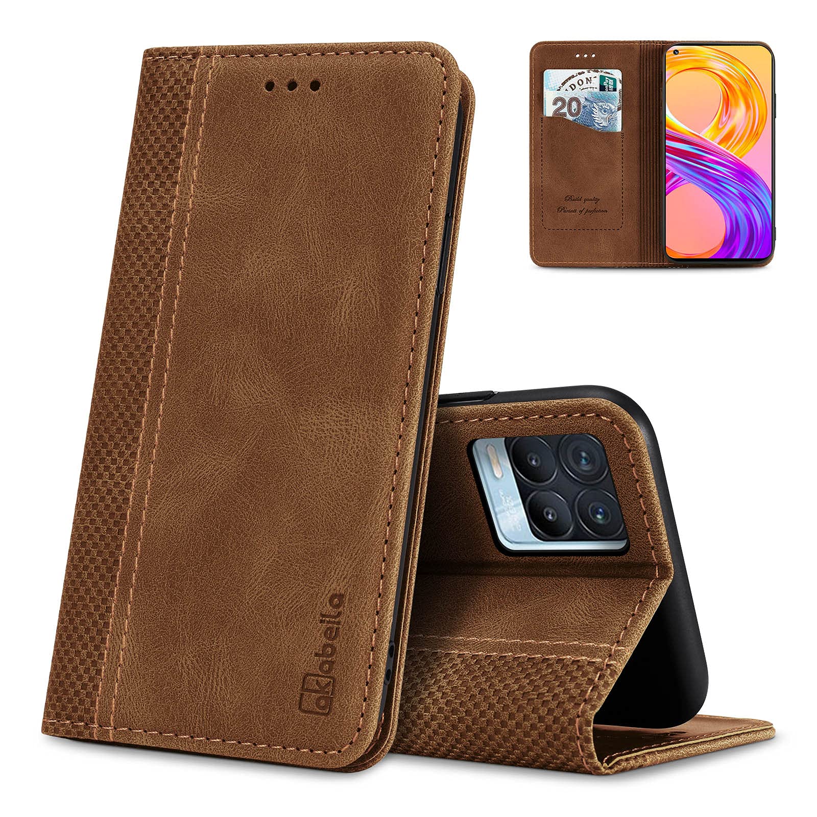 AKABEILA Case Realme 8 Pro/Realme 8 4G PU Leather Flip Wallet Case with Magnetic Closure Kickstand Card Slots Folio Phone Cases Cover Protective Screen Protector Phone Holder, Light Brown — image 1