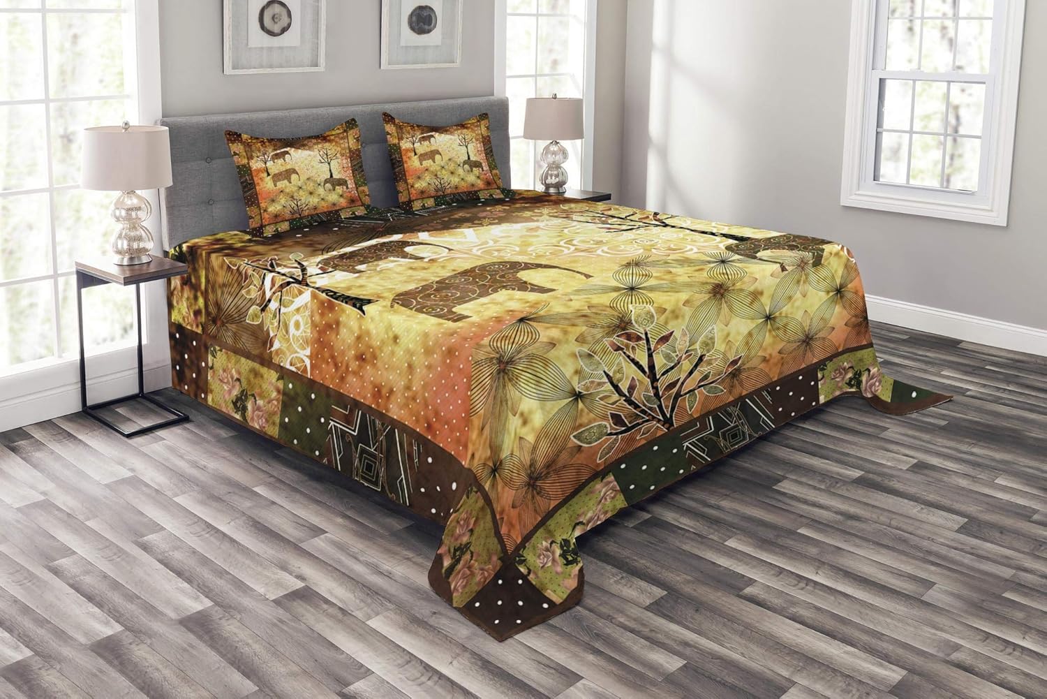 Ambesonne African Bedspread, Patchwork Inspired Pattern Grunge Vintage Featured Elephants Trees Roses Print, Decorative Quilted 3 Piece Coverlet Set with 2 Pillow Shams, Queen Size, Pale Brown