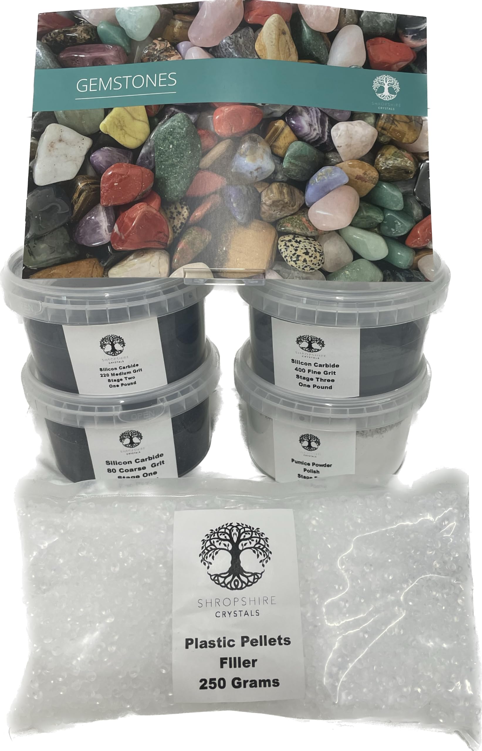 Shropshire Crystals Grit Refill Kit for Rock Tumbler Machines - 4 Pounds Grits Media + Poly Plastic Pellets - Polish for Any Brand Tumbler