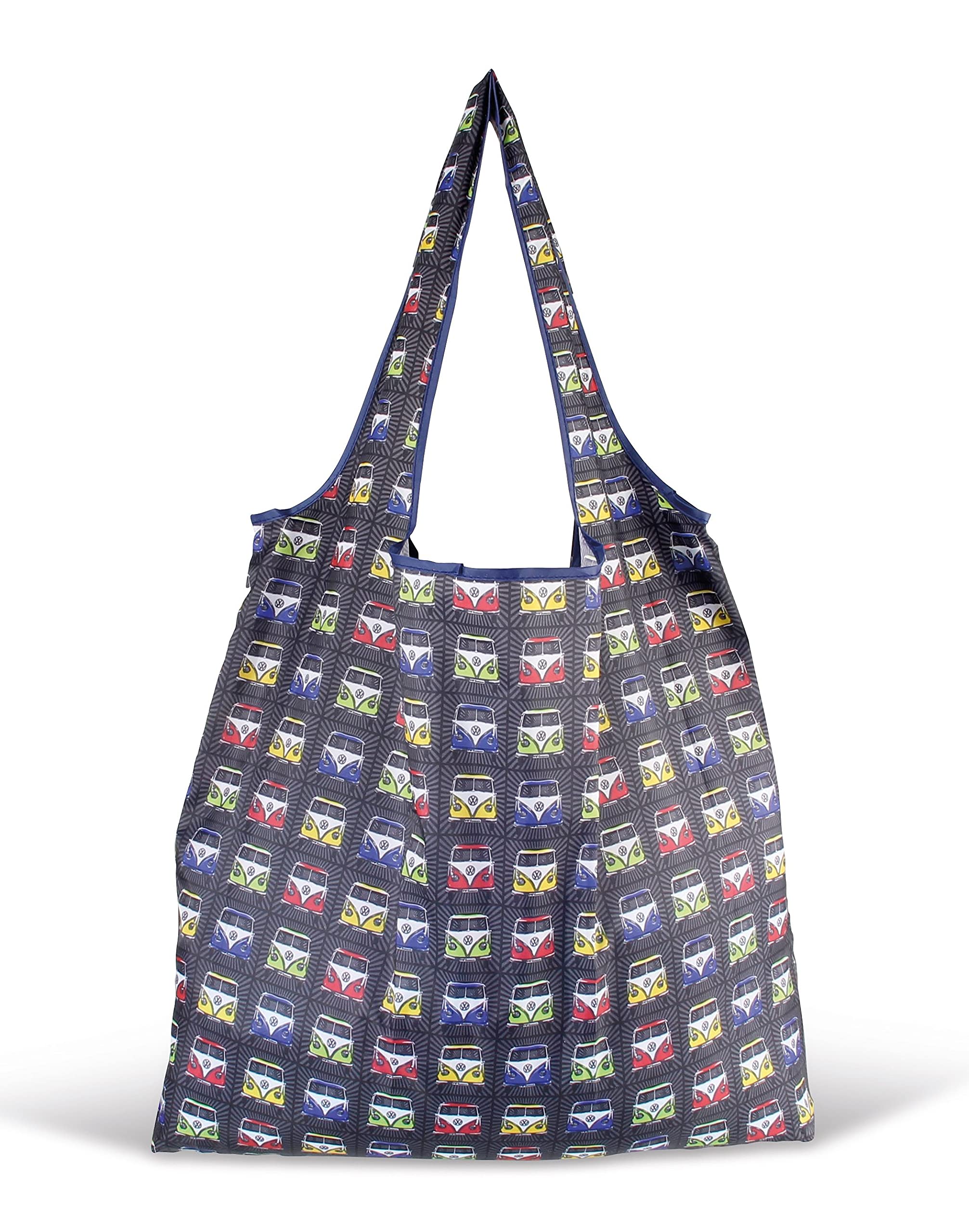 BRISA VW Collection - Volkswagen Reusable Polyester Shopping Bag Grocery Sack with T1 Bus Campervan Motif (Samba Stripes/Multicolor)