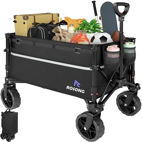 ROSONG COLLAPSIBLE WAGON CART WITH WHEELS FOLDABLE – FOLDING UTILITY HEAVY DUTY WAGONS CARTS FOR GROCERY SPORTS GARDEN SHOPPING CAMPING WHEELBARROWS (BLACK, 120L)