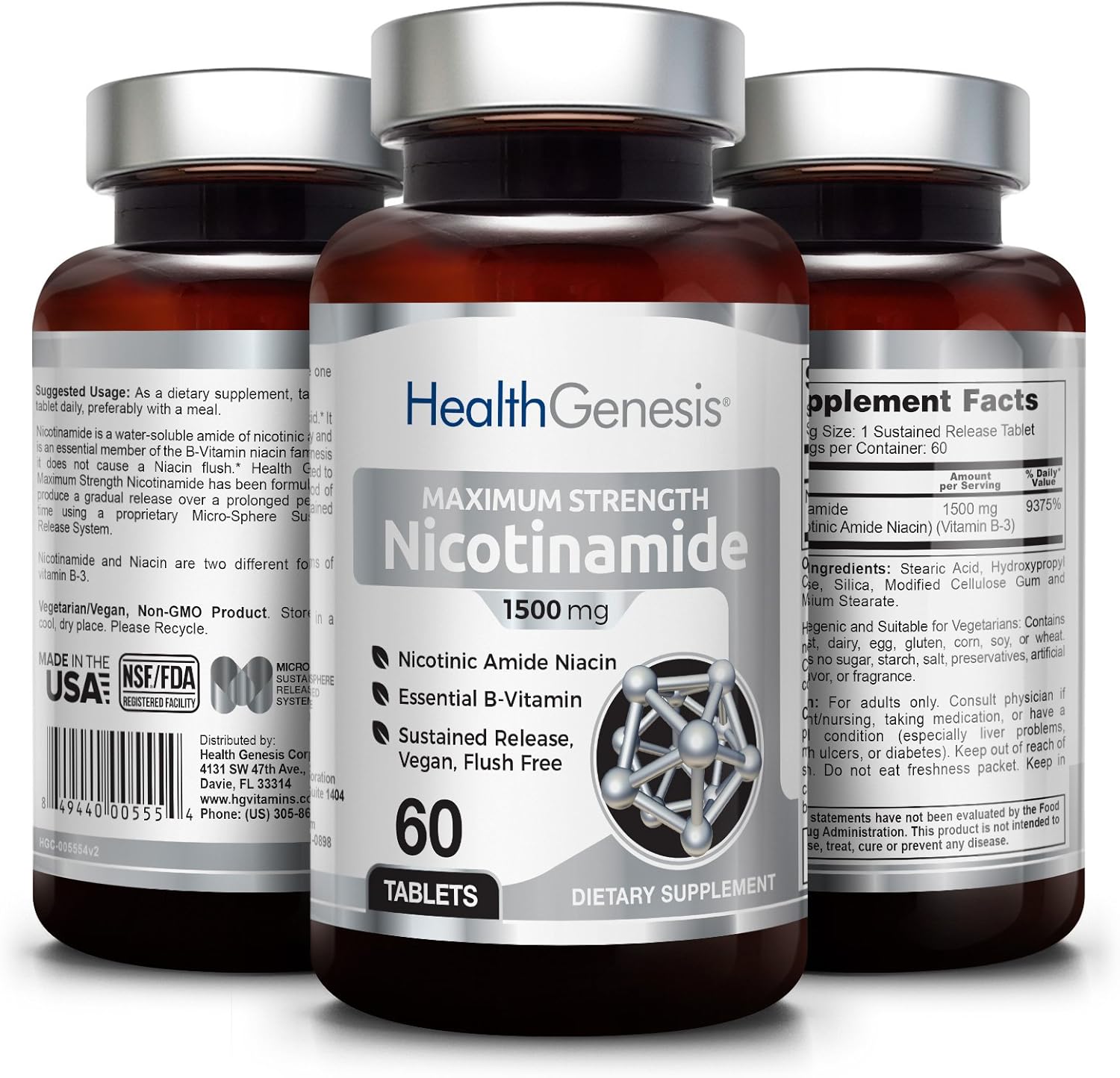 B3 Nicotinamide 1500 mg 60 Tabs Maximum Strength Slow Release Natural