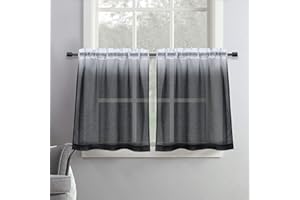 SeeGlee 36 Inch Length Ombre Sheer Voile Curtains - 2 Panels Rod Pocket Short Faux Linen Sheer Curtains - Small Sheer Tier Curtains for Kitchen Window(36 Inch Width by 36 Inches Long,Black)